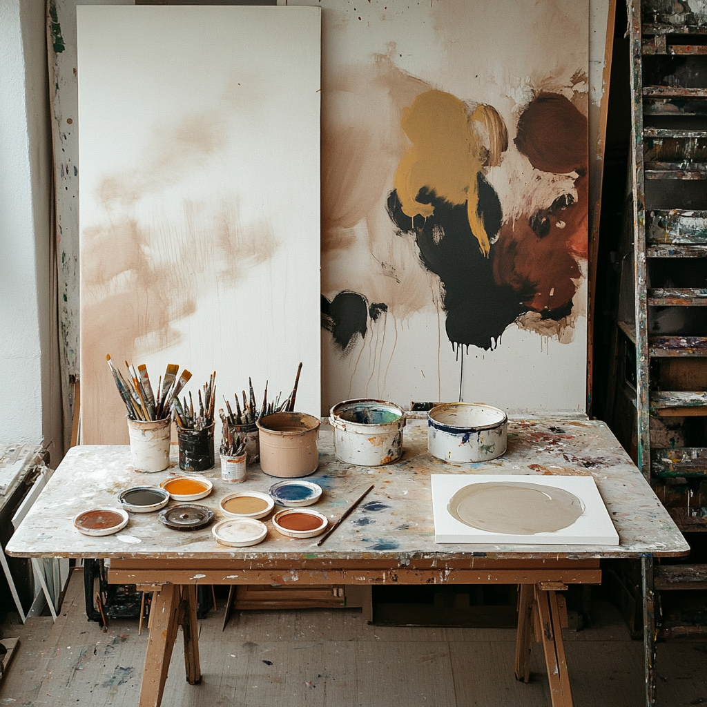 Artist workspace with canvas and paints